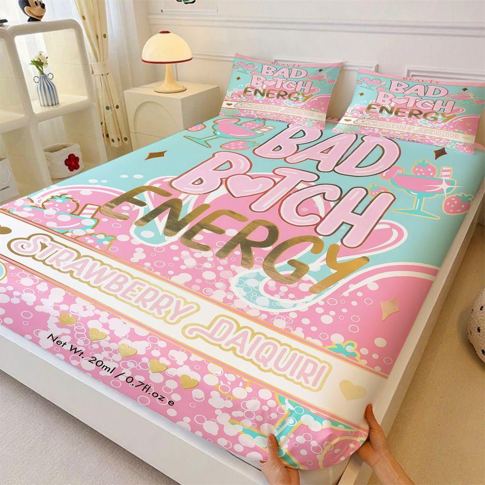 3Pcs Strawberry Daiquiri Print Bedding Set Fitted Sheet Set Bed Sheets Set Aesthetic Bad Pink Soft Bedding For Teen Girl Room