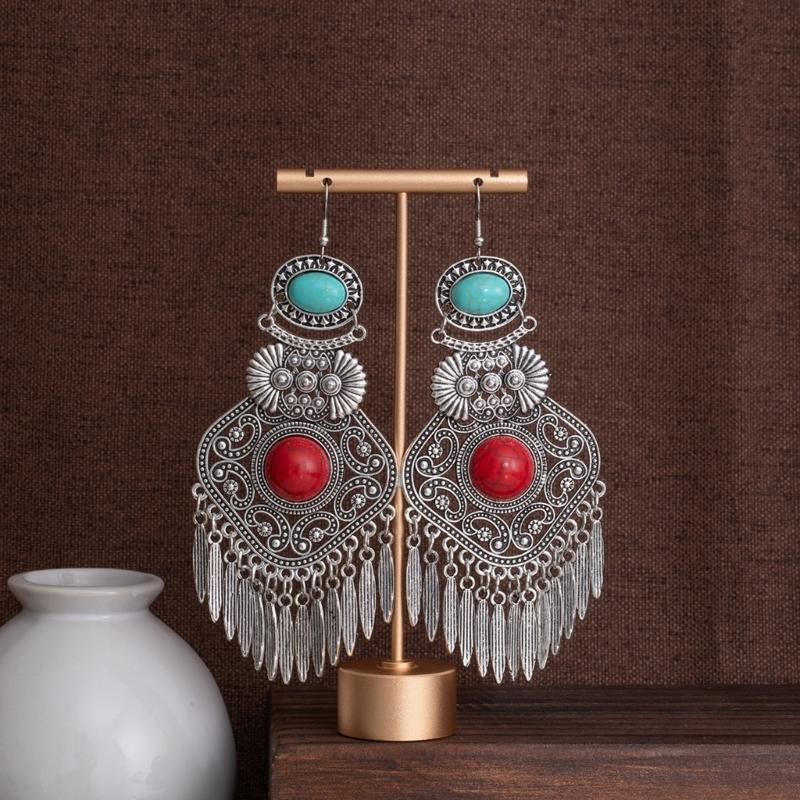 Artisanal Tribal Styles Drop Earrings With Natural Stone Accent Sturdy Alloy Retro Fringe Designs