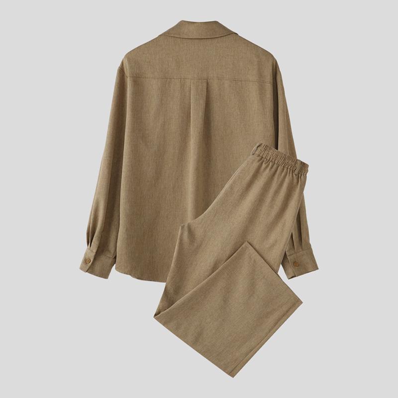 INCERUN 2PCS Men Lapel Neck Long Sleeve Shirts and Elastic Waist Pants Sets Suits