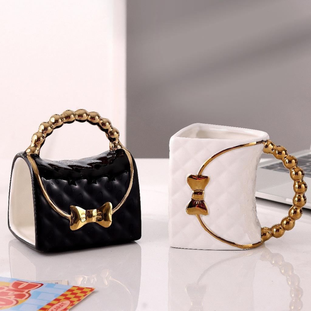 Light Luxury Nordic Wind Plating Bow Mug Personalized Bag Shaped Ceramic Cup Home Couple's Breakfast Cup