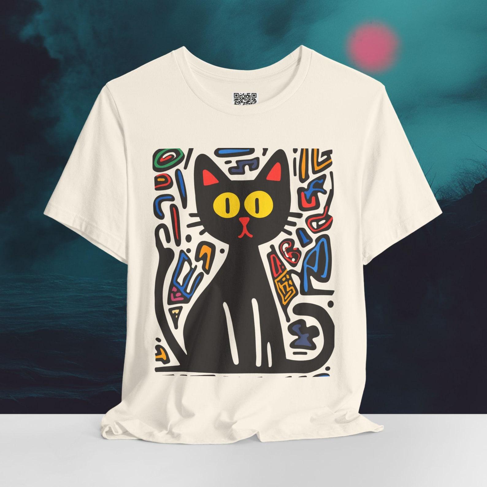 Abstract Art Cat T-Shirt - Colorful Black Cat Tee, Modern Graffiti Style Cat Lover Gift, Urban Aesthetic Cat Clothing, Streetwear Cat Shirt. S