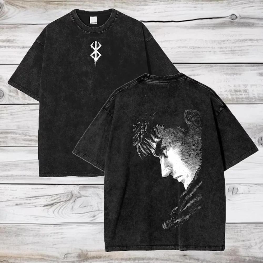Oversized Acid-Wash Vintage Short-Sleeve T-Shirt Featuring Berserk Guts The Black Swordsman Graphic Print