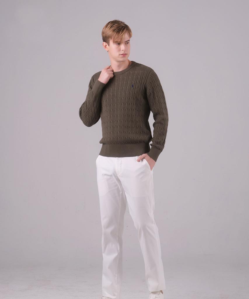 USPOLOASSN Cotton Long Sleeve Cable Round Knit_Khaki