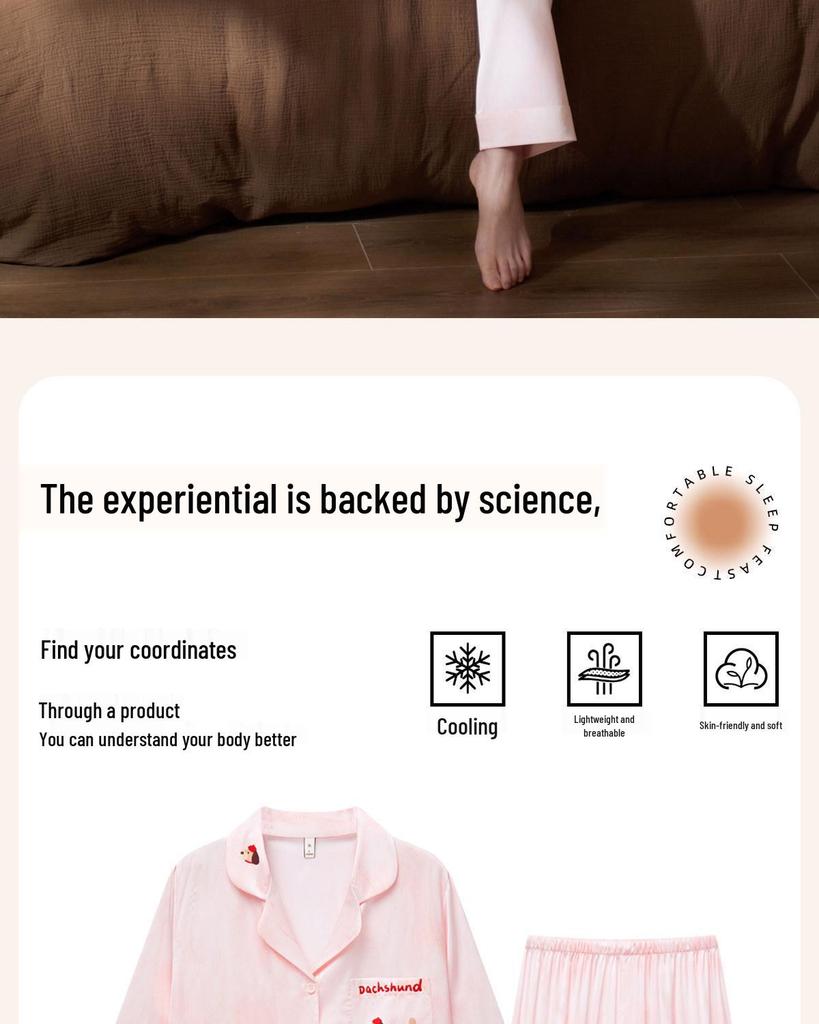 Women's Thin Ice Silk Pajamas - Spring/Autumn, Long Sleeve, Classy, Versatile for Home or Outdoor Wear, Includes Adorable Puppy Pattern.