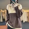 Women's High-Neck Color-Block Wool Pullover Sweater, Loose Fit Half-Zip for Autumn/Winter