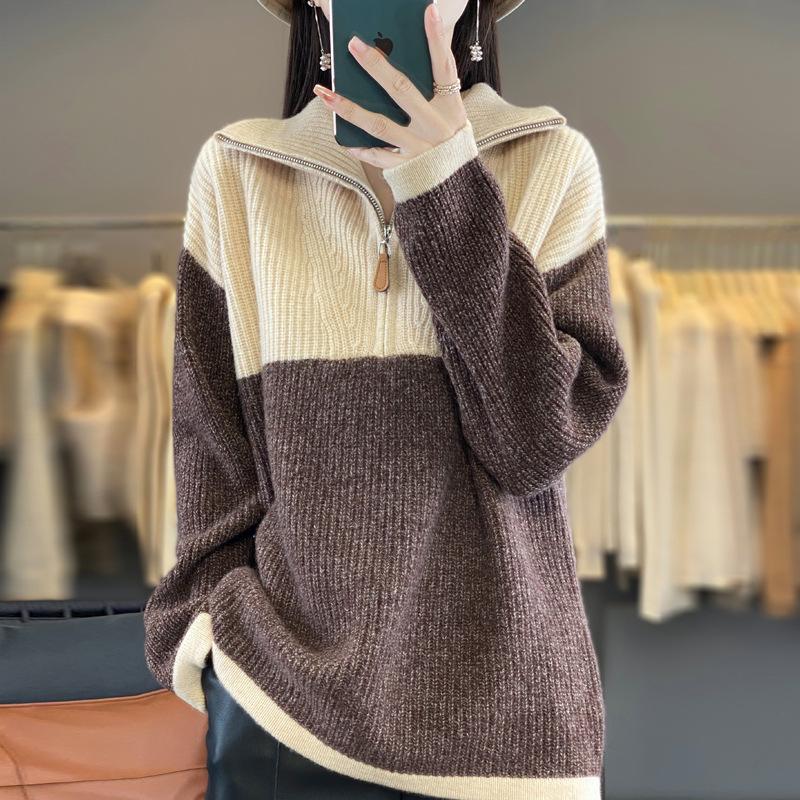 Women's High-Neck Color-Block Wool Pullover Sweater, Loose Fit Half-Zip for Autumn/Winter