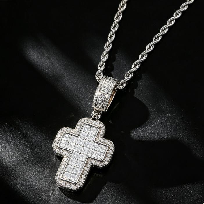 European and American Hip-hop New T-shaped Cross Pendant Necklace with Copper Inlaid Zircon Street Trend Brand Niche Men's Accessories