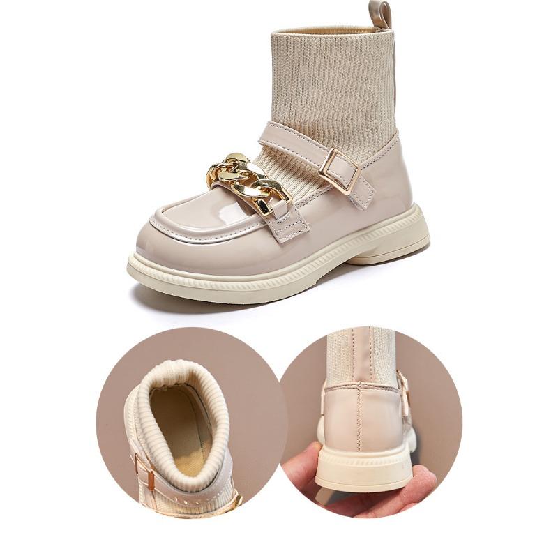 Korean Version of the New Children's Boots British Style Knitted Socks Boots Fashion Chain Foreign Style Princess Leather Boots