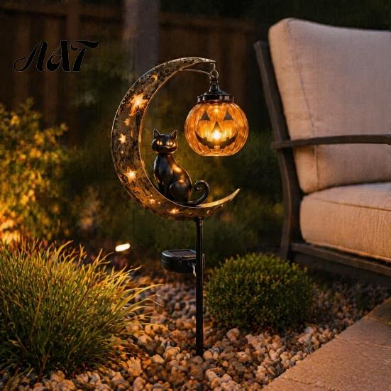 Jack-o-lantern Solar Lights Halloween Garden Stake Light, Soft Warm Jack-o-Lantern, Moon Cat Amber Silhouette Outdoor Pathway Decor, Waterproof Metal