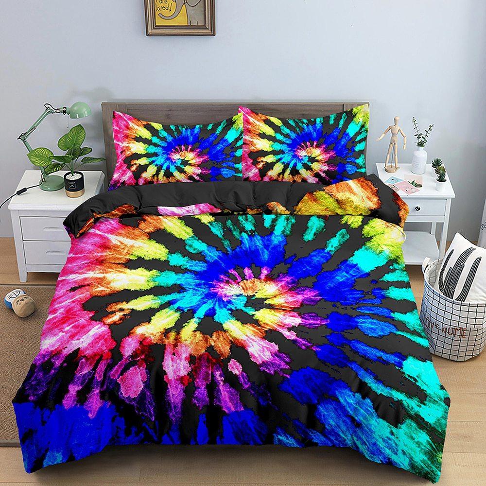 Three-Piece 3D Digital Printing Rainbow Color Striped Quilt Set Three-Piece Bedding