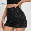 Women Shorts High Elastic Waist Shiny Sequin Solid Color Straight Slim Fit Soft Breathable Above Knee Length Club Party Beach Mini Shorts