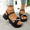 Elegant Pearl Chain Cross Strap Sandals Women 2025 Summer Platform Wedge Heels Shoes Women Back Strap Comfortable Driving Shoes
