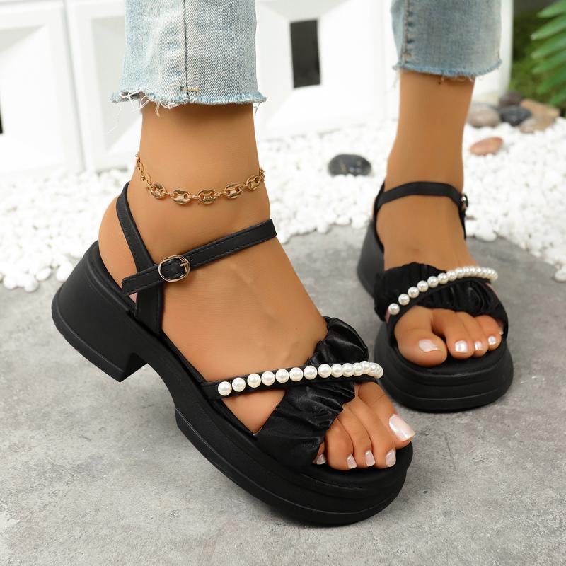 Fashion Elegant Pearl Chain Cross Strap Sandals Women 2025 Summer Platform Wedge Heels Shoes Women Back Strap Comfortable Driving Shoes