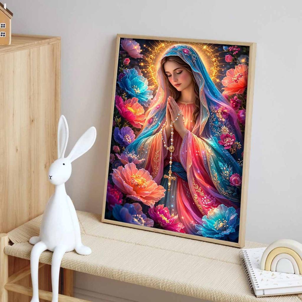 Diamond Painting Set DIY 5D Full Diamond Virgin Mary Religious Art Colorful Flowers Crafts for Home Wall Decoration