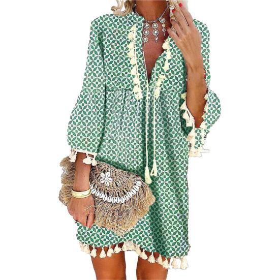 

Beach Dress Geometric Print Tassel Women V Neck 45720 Sleeve Dress XL зелёный