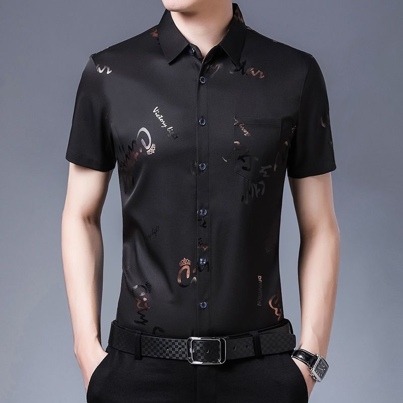 Summer Men's Ice Silk Short-sleeved Shirt Thin Plus Size Breathable Anti-wrinkle Pocket Printed Shirt