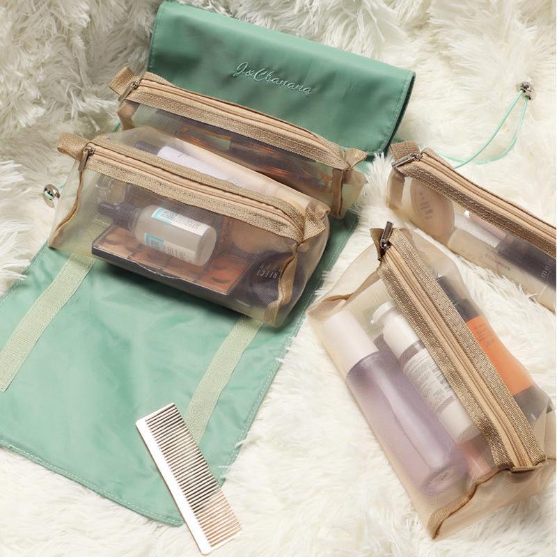 4-In-1 Cosmetic Bag Portable Removable Large Capacity Wash Bag Waterproof Travel Mesh Cosmetic Storage Bag