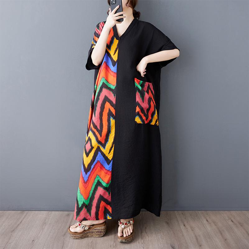 DIMANAF 2025 Women New Summer Plus Size Dress Loose Printing Pocket Basic Casual Long Dress Oversized
