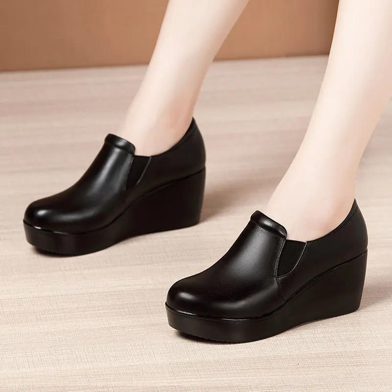 Wedge Heel, Deep Mouth, Four Seasons, Round Toe, Mid-heel, Non-slip Bottom, Waterproof Platform, Comfortable Casual Work Women's Leather Shoes