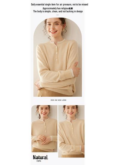 Women's Color Block Cashmere Sweater - Round Neck, Buttoned, Loose Fit, Long Sleeve Contrasting Knit for Autumn/Winter.