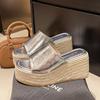 Slope heel cool slippers women's new summer fashion thick-bottomed versatile small straw-woven one-word slippers