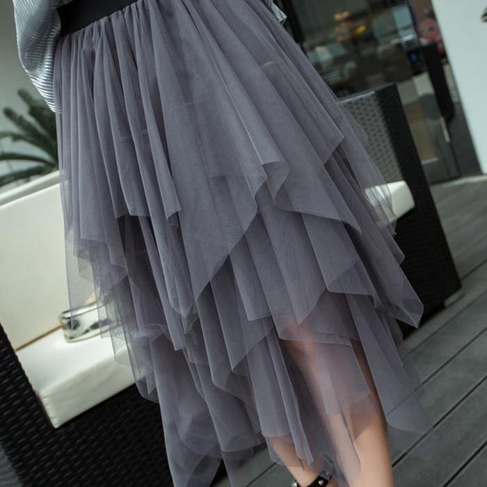 Women Spring Fall High Waist All Match Multi-Layer Color Matching Mesh A Line Skirt