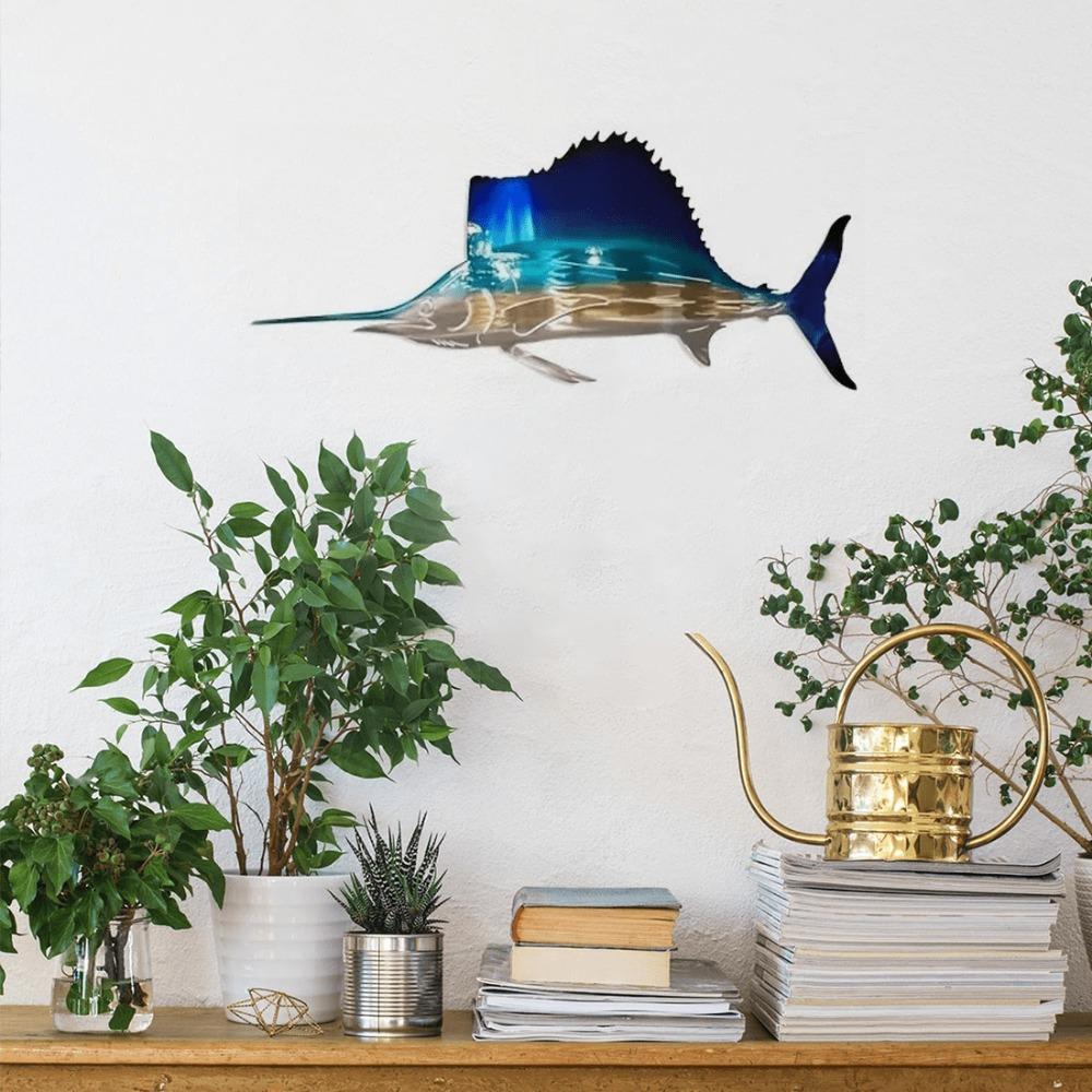 1pc Metal Sea Animal Wall Decor, Swordfish Jellyfish Turtle Sculpture, Creative Home Art Craft Ornament for Living Room Bedroom