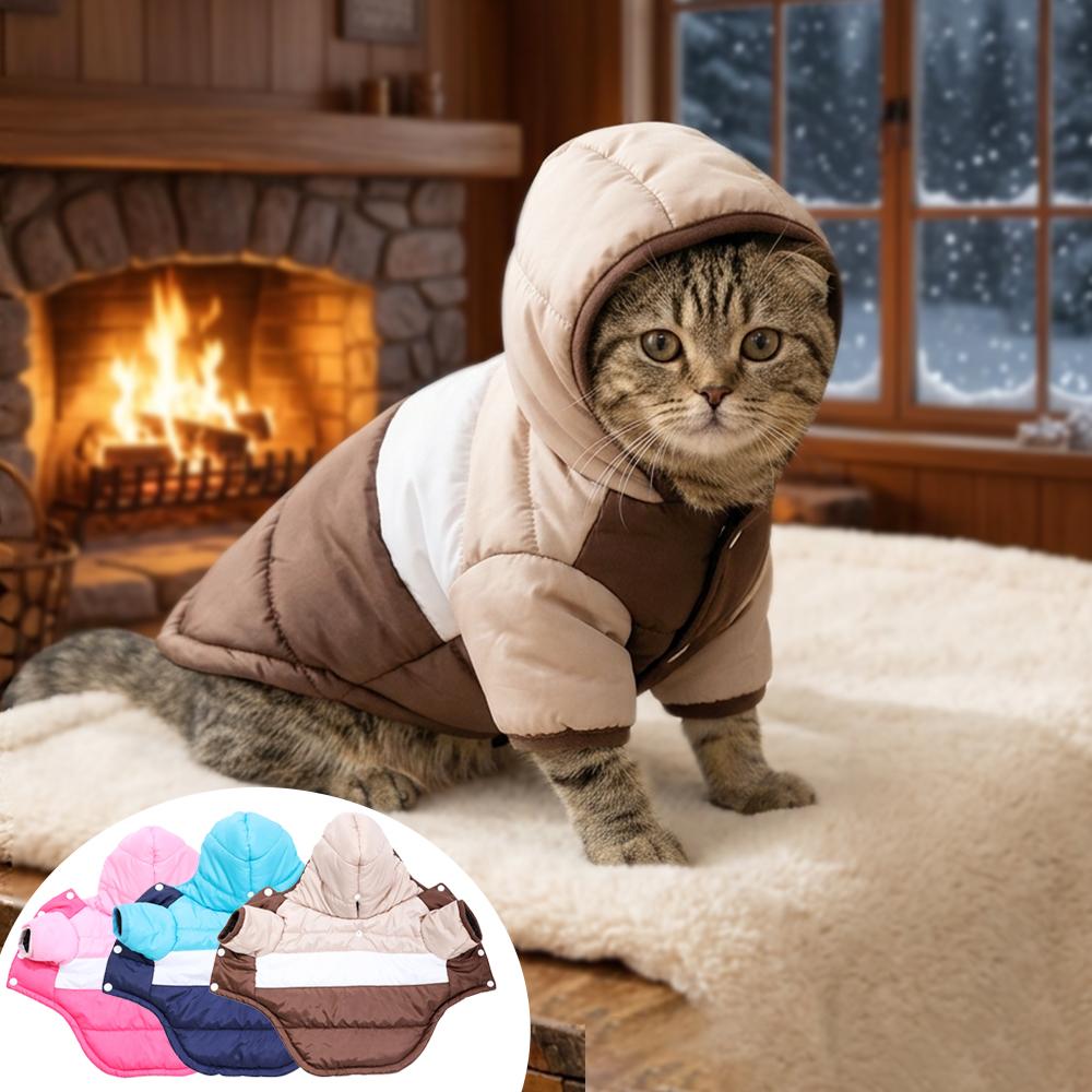 Winter Warm Hooded Padded Jacket for Small Medium Dogs & Cats Striped Color Block Soft Fleece Lined Puppy Kitten Coat Apparel