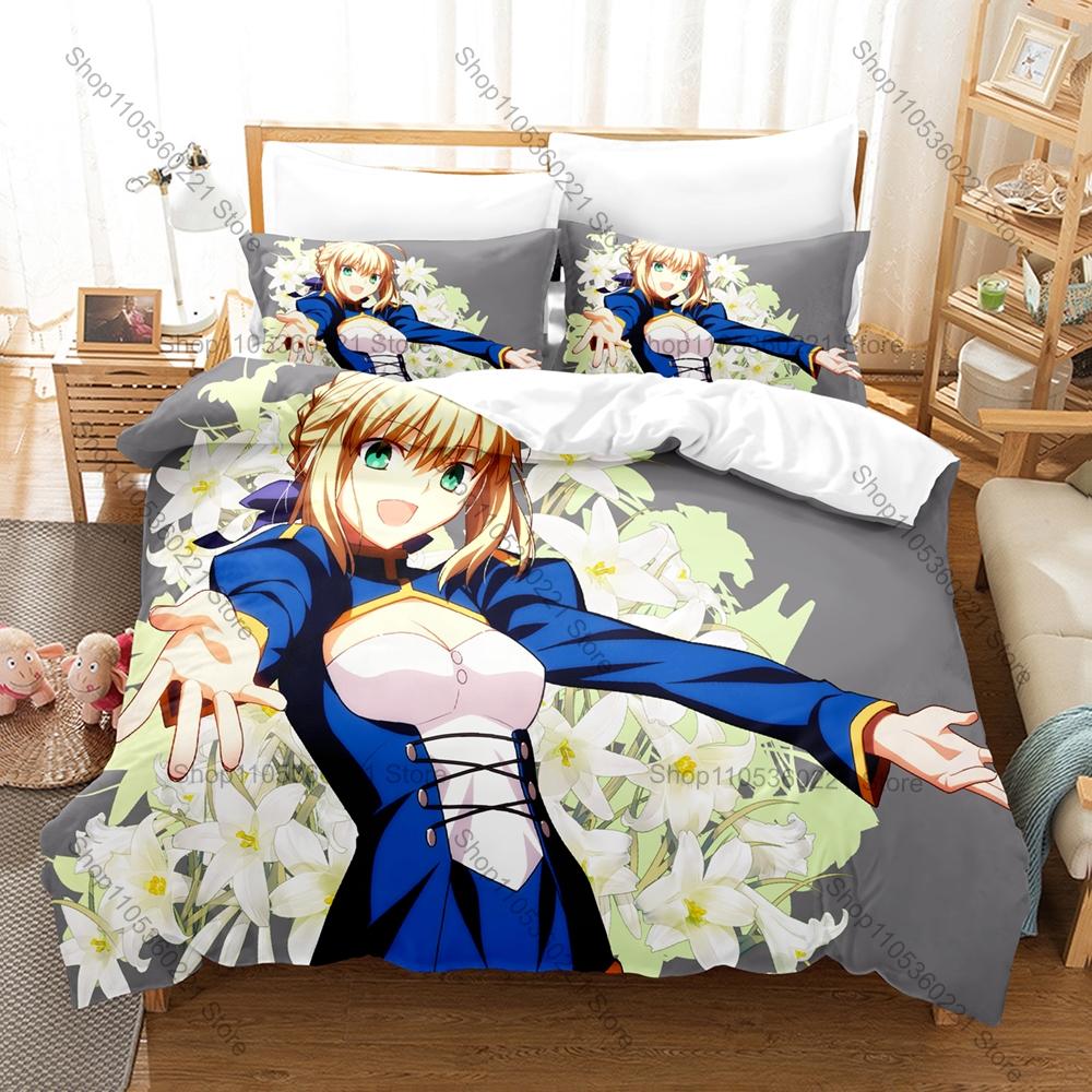 Cool Fate Series Saber Artoria Excalibur Knight HD Print Bedding Set Duvet Cover + 2 Pillowcases Polyester Anime Room Decor