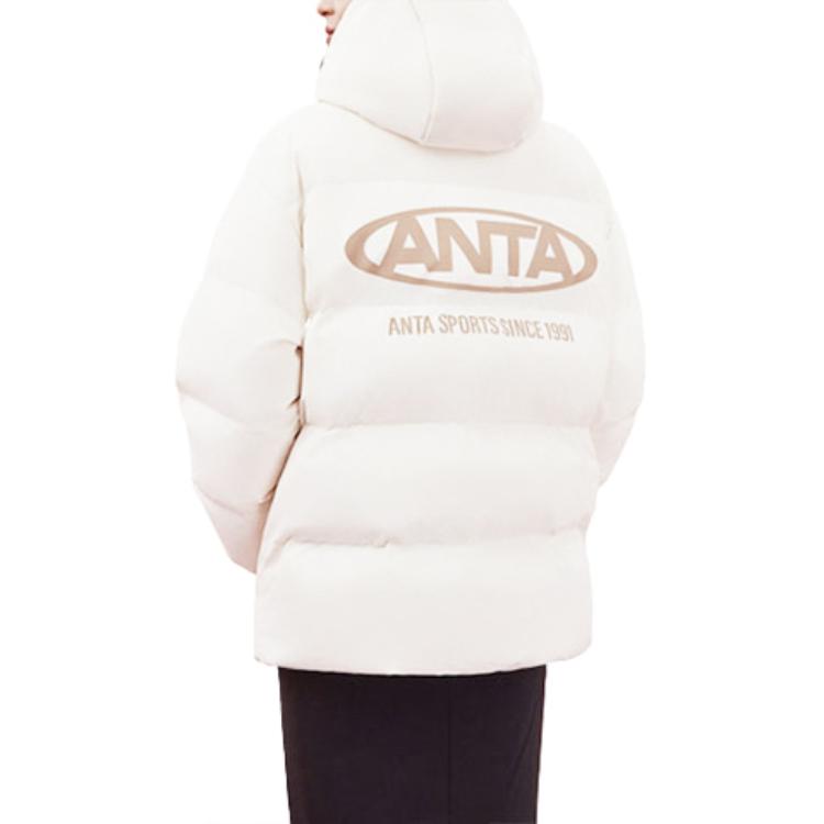 Anta Lifestyle Series Letter Print Snow Shell Three-Proof Hooded Down Jacket Women Outerwear Vanilla-White 962348902-1