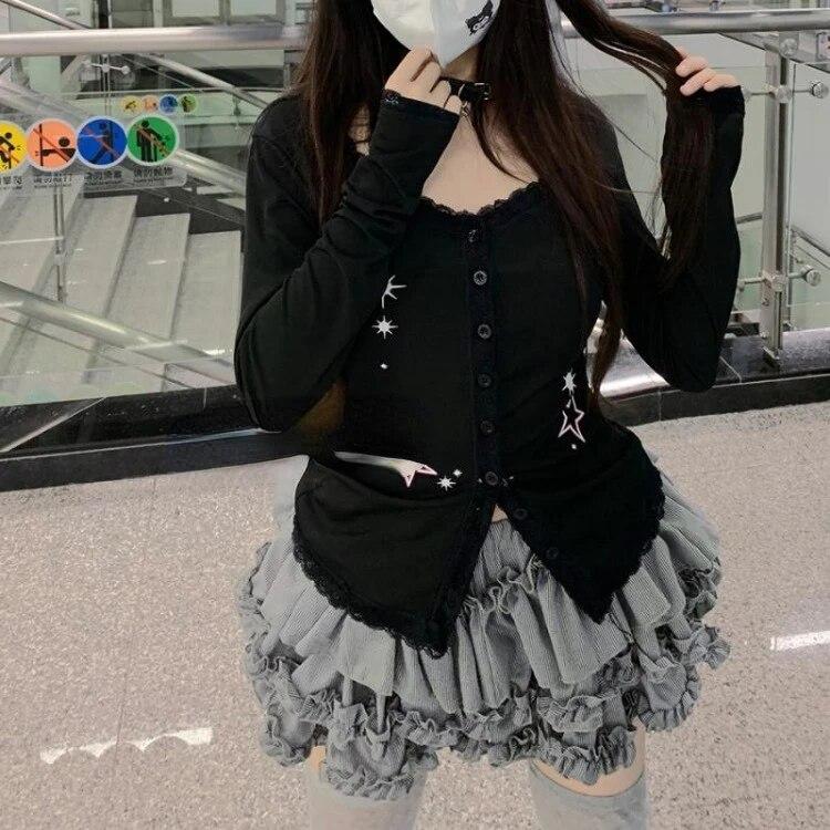 

VAYLA Обтягивающая Горячая Сладкая Кружевная Лоскутная Принтованная Звездами Футболка Женская Одежда Длинный Рукав Харадзюку Y2k Кардиган Футболка Женская 90-е XL чёрный