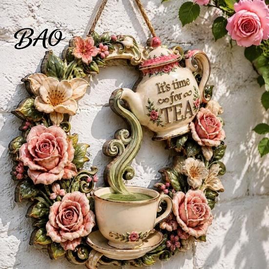 Creative Garden Accessories It's Time for Tea Door Sign, Metal Floral Wreath Hanger with Teapot Teacup Design, Art Windowsill Rustic Wall Decor
