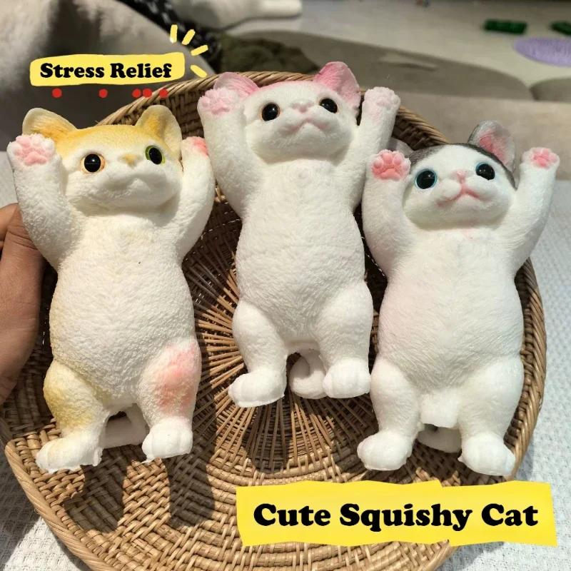 1× Squishy Cat Stress Relief Cute Flocking Squeeze Cat Soft Sticky Kitten Abreact Fidget Doll Home Decor Anxiety Relaxation Gift