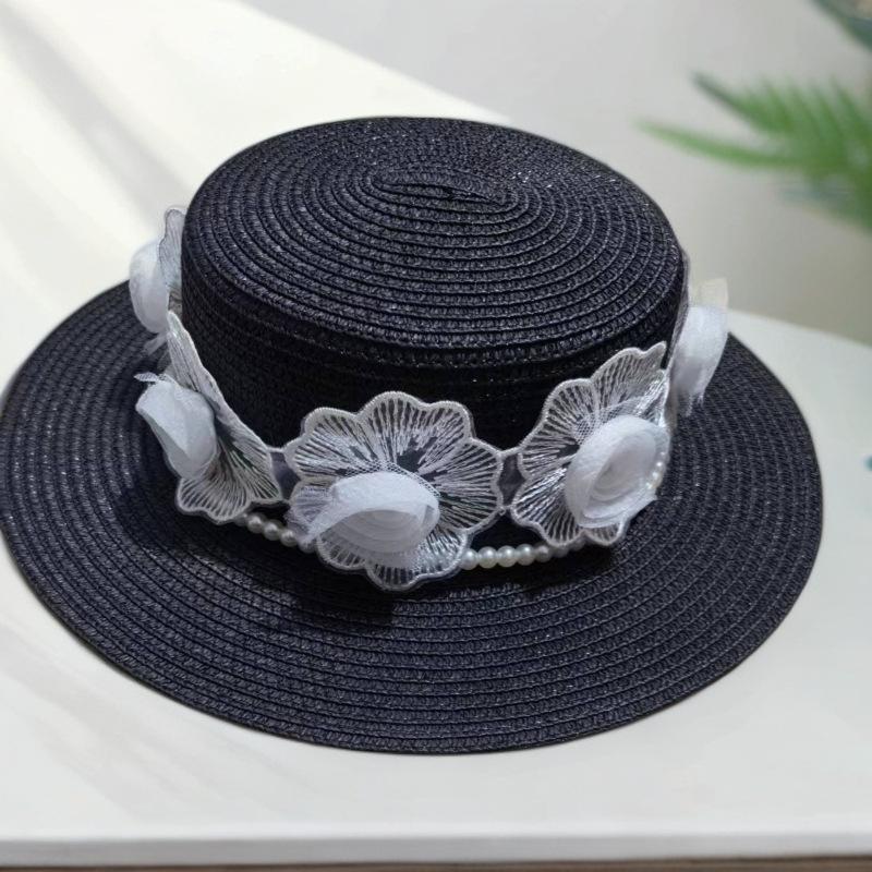 Hat female summer beach sunshade sunscreen sun hat French British retro temperament pearl flat top top hat