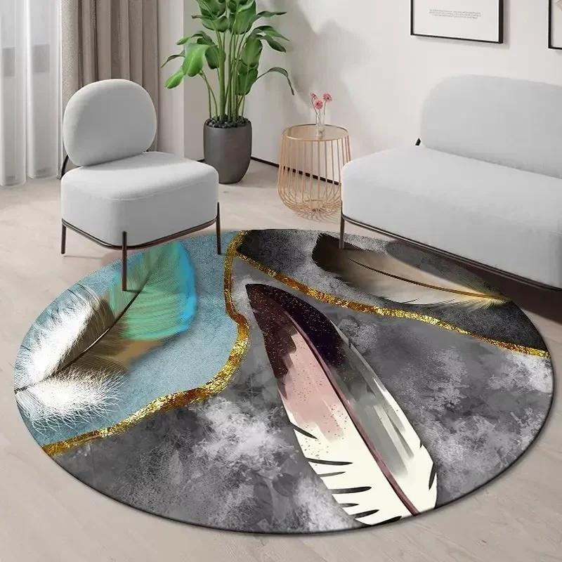 Goldenes Ginkgoblatt Runder Teppich Abstrakt Geometrischer Bereichsteppich für Wohnzimmer Schlafzimmer Küche Dekorativ Rutschfest Innenbodenmatte