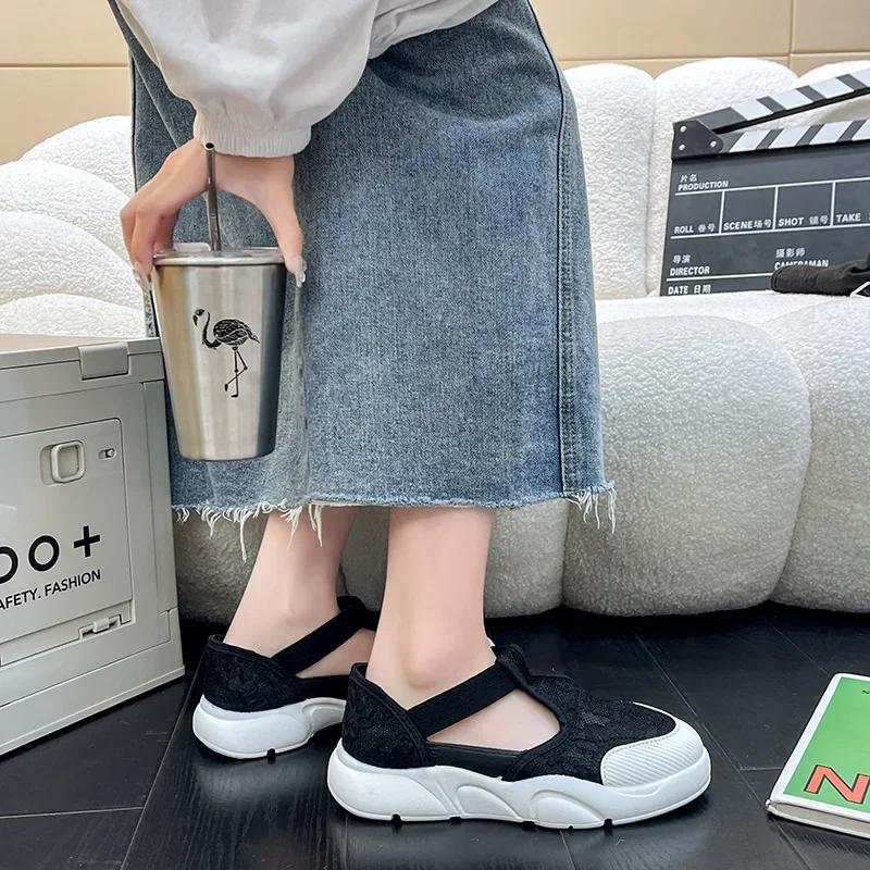 Lace Little White Shoes Women's 2025 Summer New One-pedal Platform Sandals Hollow Fisherman Shoes Breathable Flat Shoes