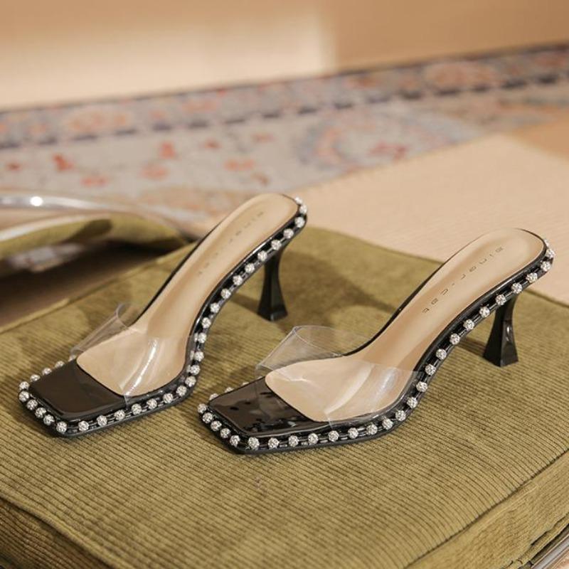 

Fashion Fashion Transparent One-strap Lady Slipper Summer Famale Sandals Trend Design Square Toe Pantuflas Mujer Women Shoes High Heels 35