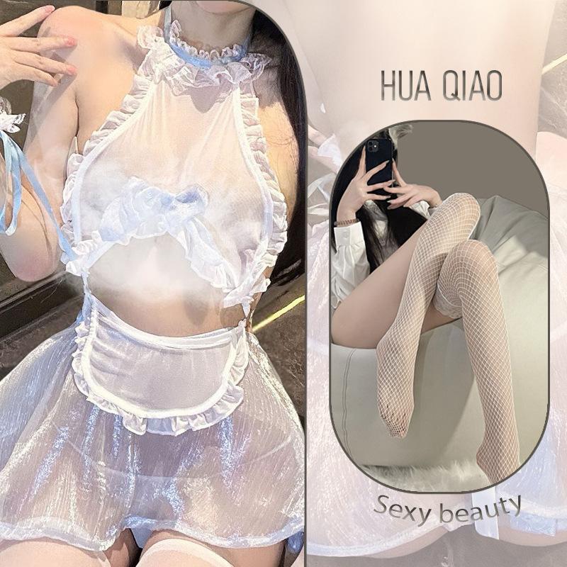 Sexy lingerie sexy maid lace back strap neck thin flash perspective gauze skirt uniform abstinence