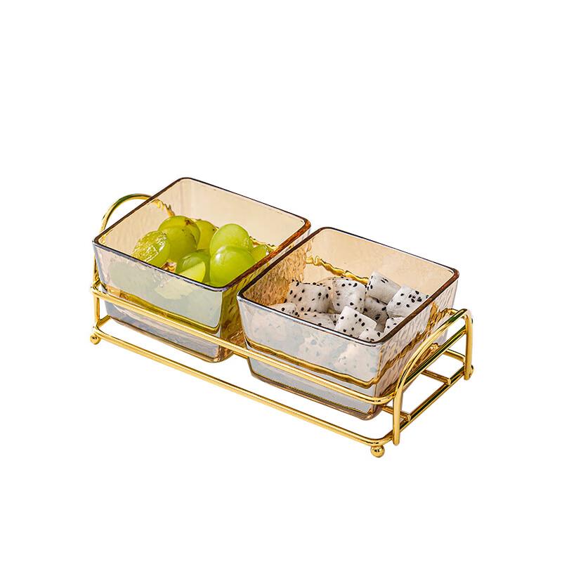 Hammered Amber Glass Divided Serving Platter with Gold Stand