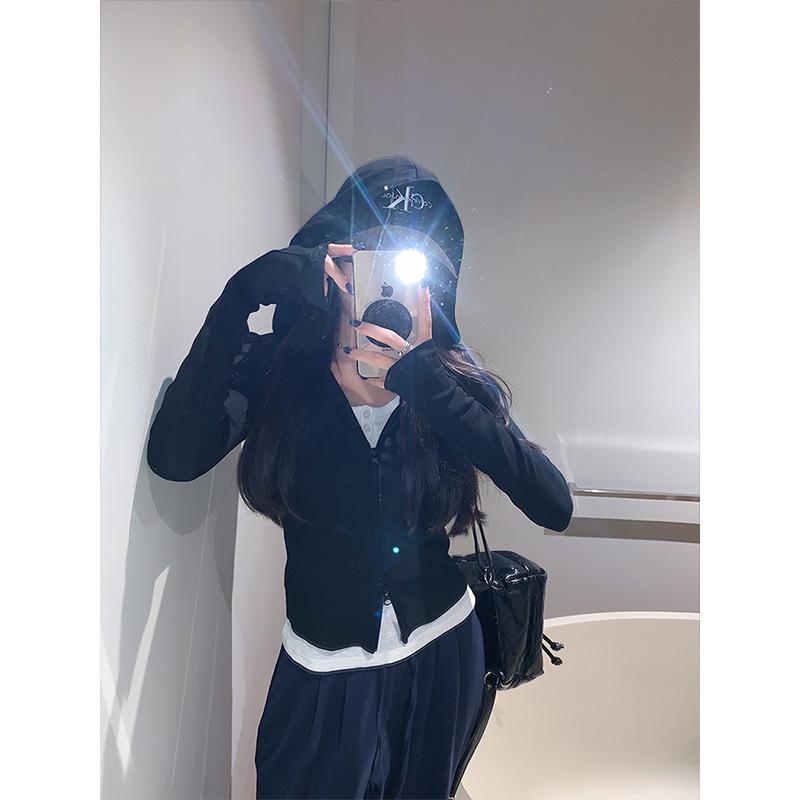 Korean Sweet & Spicy Women's Dark Blue Hooded Sweatshirt Jacket - Slim Fit, Double Zipper, Long Sleeve, Autumn Arrival