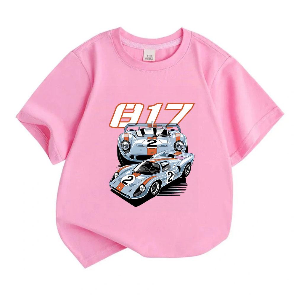 Kids Boys Girls Crew Neck Short Sleeve 100% Cotton T-Shirt, Classic Retro Racing Car 917 Pattern Print Casual Soft Tee for Children Daily Wear Street