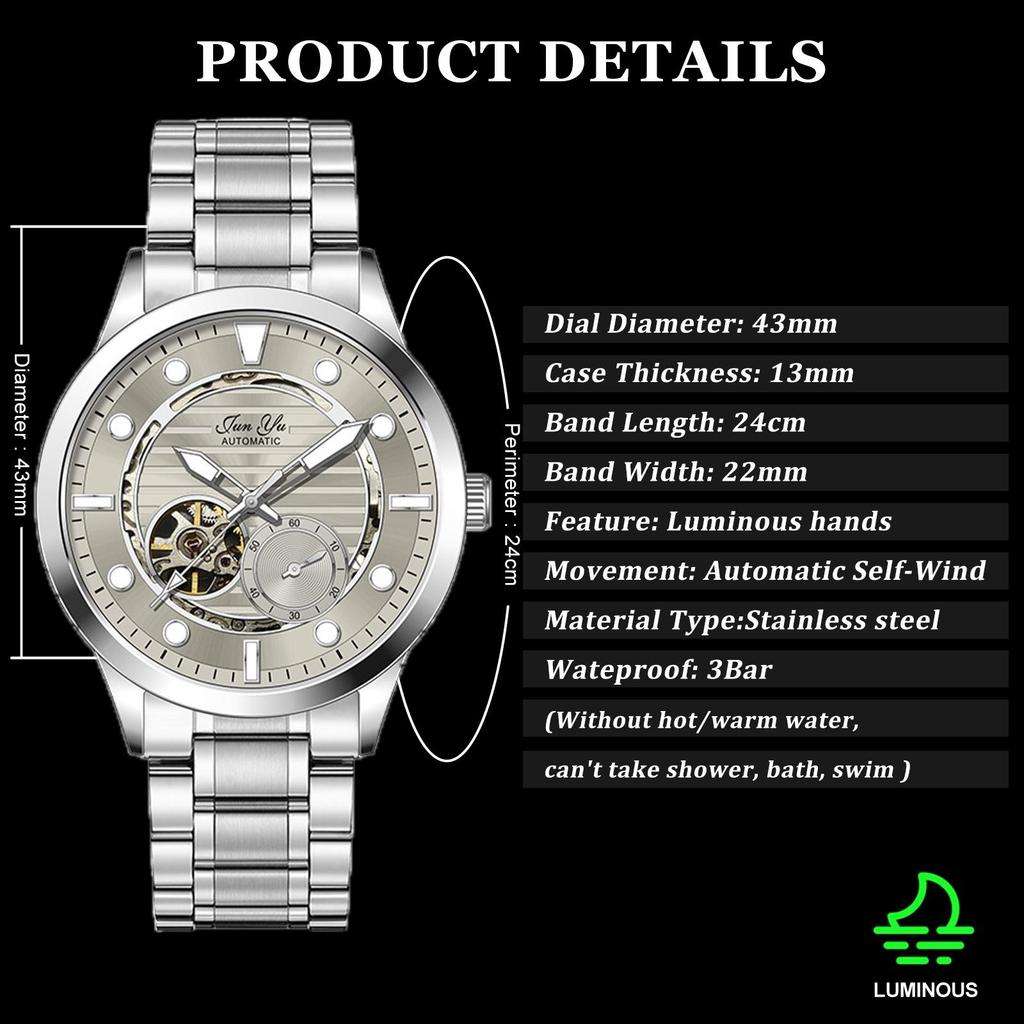 Mens Automatic Mechanical Watch Grey Skeleton Dial Luminous Hands Waterproof Business Wristwatch