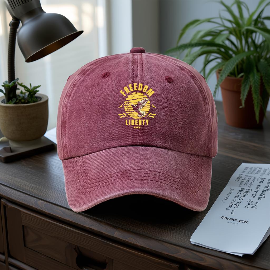 Adjustable Washed Vintage Denim Truck Driver Baseball Cap with "FREEDOM LIBERTY LIFE" Dove Print - Lightweight Casual Style, Sof