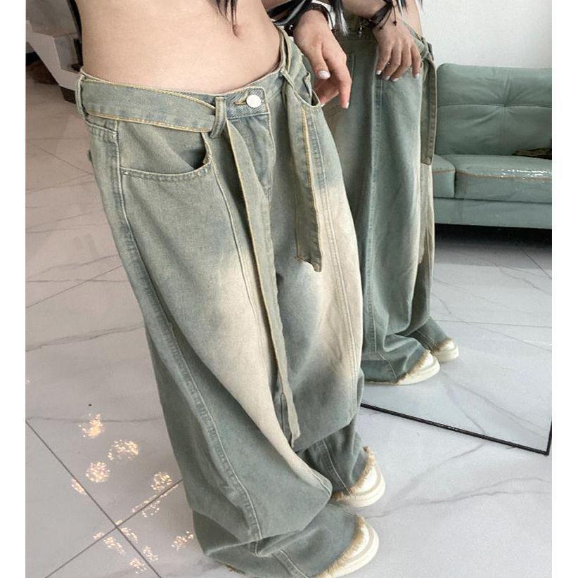 Women's Retro Washed High-Waist Wide Leg Jeans - Distressed and Slimming Style for Spring & Autumn