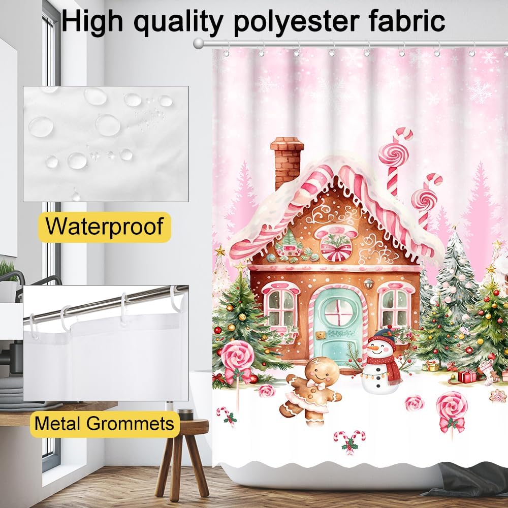 Christmas Pink Gingerbread House Shower Curtain Pink Candy House Home Bathroom Decorations Snowy Winter Christmas Trees