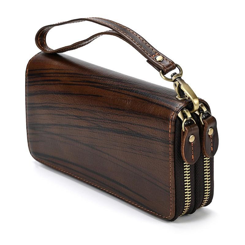 Men's Crazy Horse Leather Long Wallet Genuine Double Zipper Multi-Card Cowhide Clutch Large Capacity Phone Bag