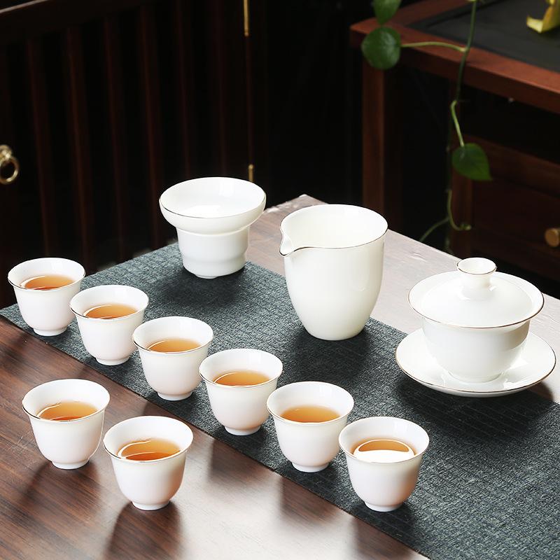 Company event business gifts, printed mutton fat jade porcelain Kung Fu tea set set, home gift gift
