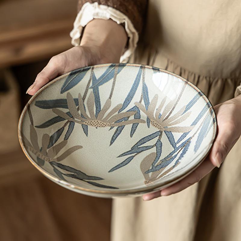 Deep Plate Creative Niche Plant Print Plate Household Ceramic Plate Restaurant Dish Salad Plate Tableware Round Plate