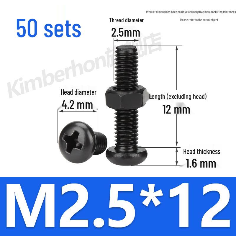 Complete Set of Black 304 Stainless Steel Phillips Round Head Screws and Nuts - M2M3M4M5M6MM.