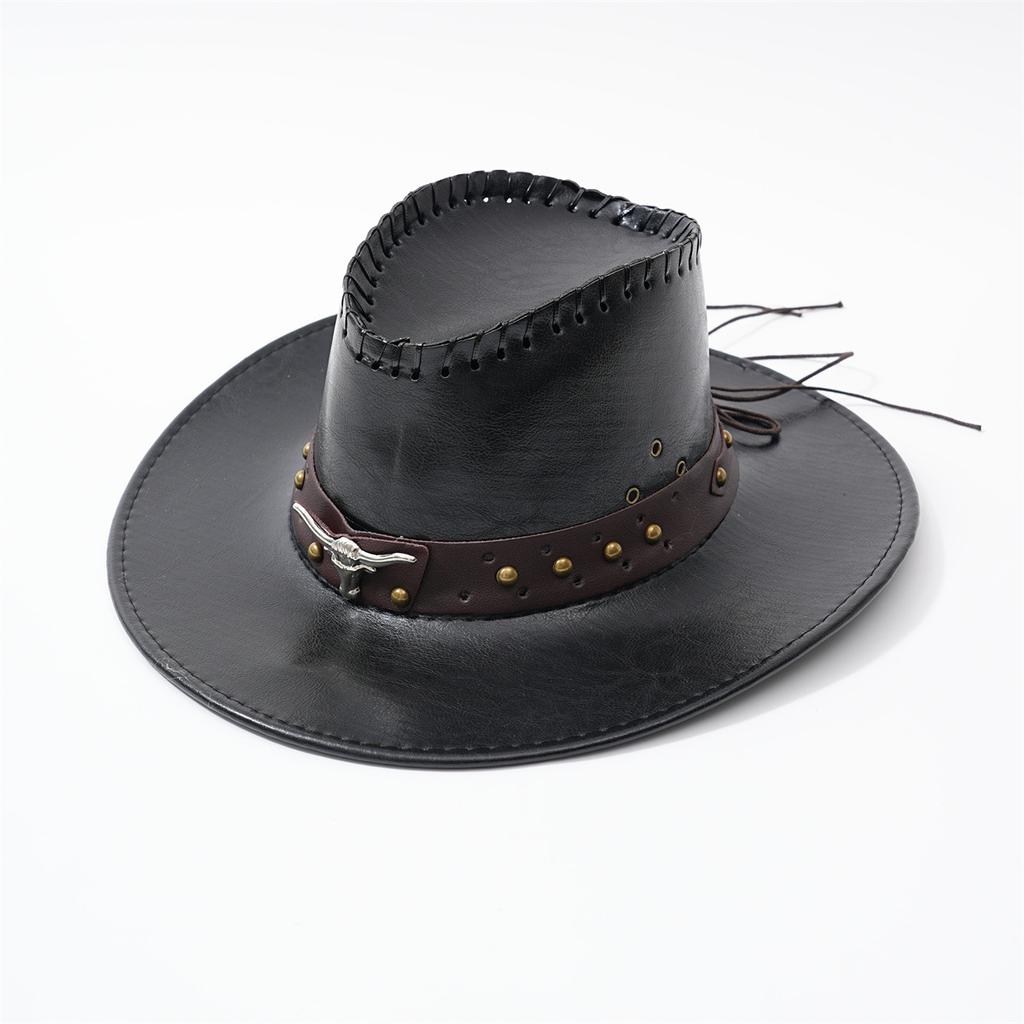 New Unisex PU Leather Wide Brim Gift Hat  Bull Head Belt Hat Strap Suitable for Hiking And Mountain Climbing Denim